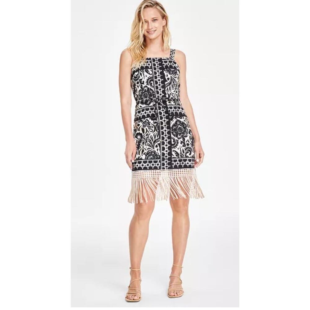 Tahari ASL Womens Black White Fringe Knee-Length Sheath Dress 10 NWT